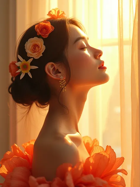 real photograph, I am the sunshine that sees the most beautiful japanese woman and touches her all over her body of different races giving her hope and faith and using only pastel colors, in a Rose, Daisy,  Peony, Marigold, costume poses for a photo, inspi...