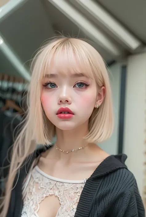 ((Extremely realistic)), ( super real), generate a highly realistic image, white backdrop,,15-year-old female,blackのshort bob hair, Im hiding my forehead with bangs,blue eyes,Long False Eyelashes,Thick lips,Clear eyeliner、 Open the center of your lips、extr...