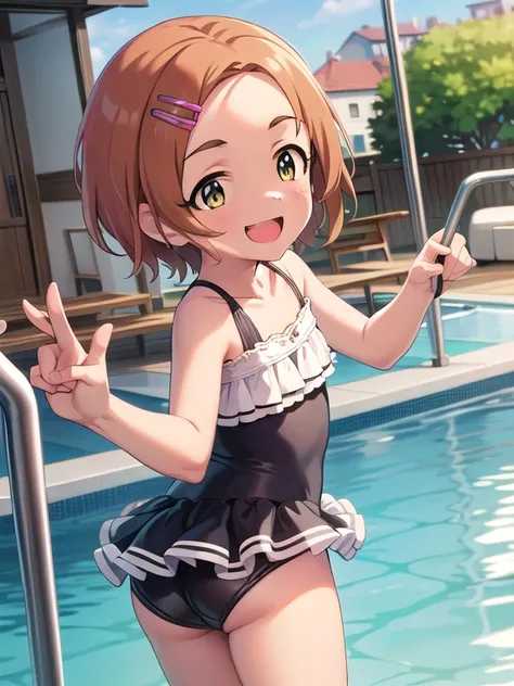 (masterpiece, best quality:1.2), illustration, dynamic pose, dynamic angle, (1girl, solo), big smile, indoor rooftop poolside, swimsuit, ((ryuzaki_kaoru_theidolmastercinderellagirlsu149)), 
short_hair, hair_ornament, hairclip, orange_hair, brown_hair, yell...