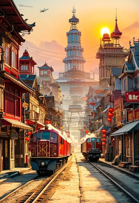 A captivating Wild West movie poster unfolds, revealing a bustling, sun-drenched frontier town in the throes of railway construction. The towns weathered wooden buildings, steam-powered machinery, and dusty streets exude an authentic, rugged charm under th...