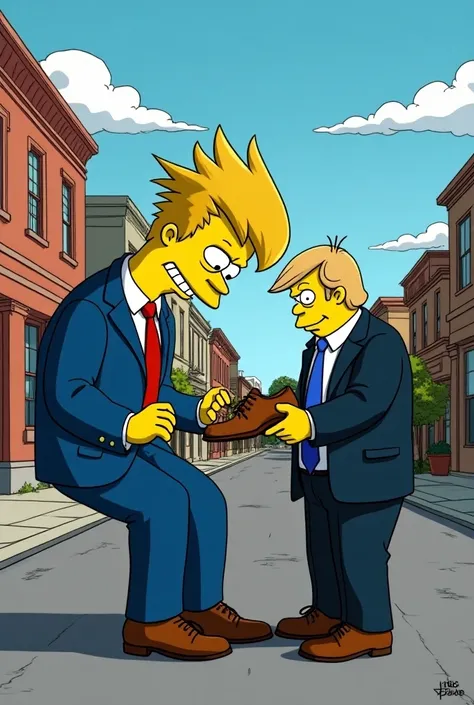 President of Argentina Milei cartoon ,  polished Donald Trumps shoes in Springfield 