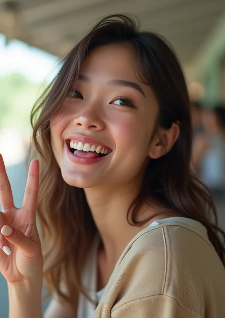 Young woman slouching, opening her mouth, sticking out her tongue, and signing a peace sign