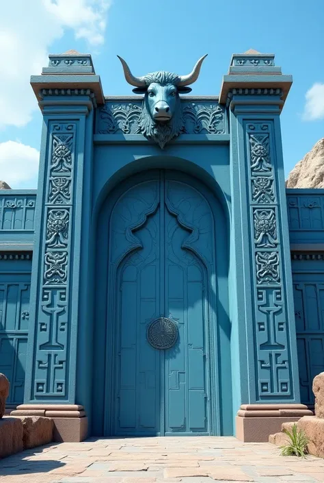 Huge blue gate and wall, bull carving, photorealism 8k, tribal pattern