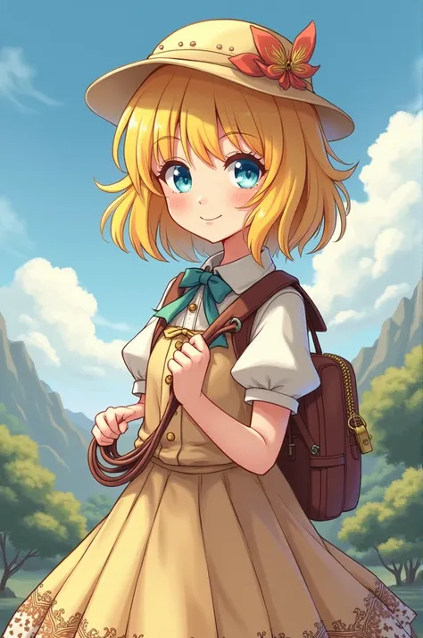 Make a Genshin style character, make a girl with medium hair and yellow bangs, big beautiful blue eyes, her clothes are like lolita with brown lace touches, make her wear a bag and travel with aether 