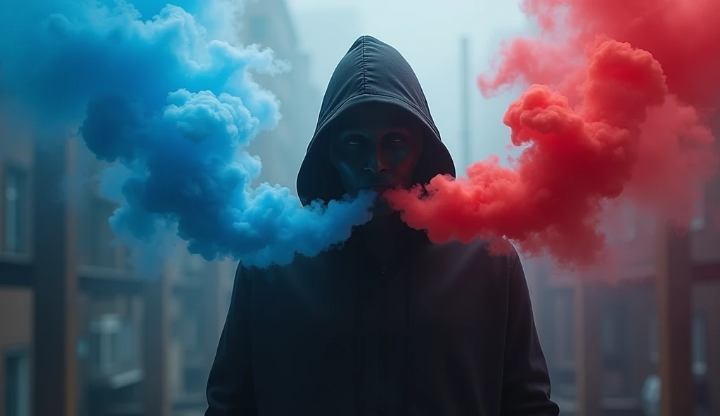 Masked person who smokes with an electronic cigarette: blue smoke on the left, white in the middle and red on the right. 