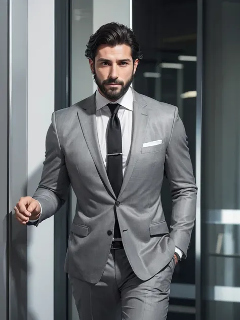 (photorealism:1.2), attractive male , italian, 30 years, entrepreneur,  with a beard and wavy black hair . he wears a light gray...