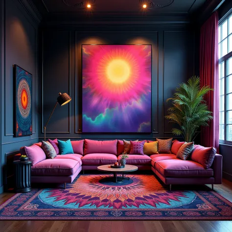 "A vibrant, psychedelic-themed room with dark walls, bold, saturated colors and modern furniture. The main wall, professionally lit from the front without visible light sources, features a large, empty canvas in the center, framed by dark tones. The room i...