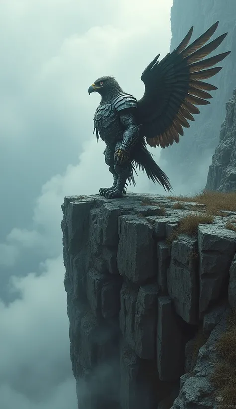  A humanoid eagle wearing a battle suit full of wounds ,  stands on the edge of a mountain cliff after a fierce battle, with the inscription "winner" plastered in the overcast sky .

