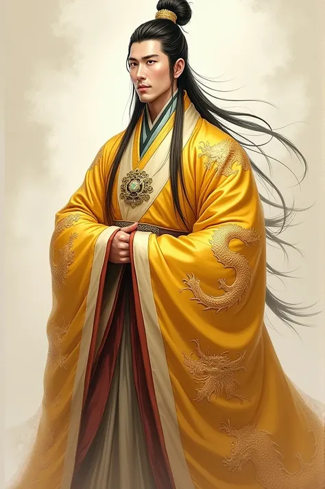 Illustare a man in hanfu traditional Chinese imperial attire, adorned with intricate dragon motifs and rich, imperial yellow silk. His long hair was tied back neatly into a topknot, with wisps framing his face. He wore a jade pendant around his neck, symbo...