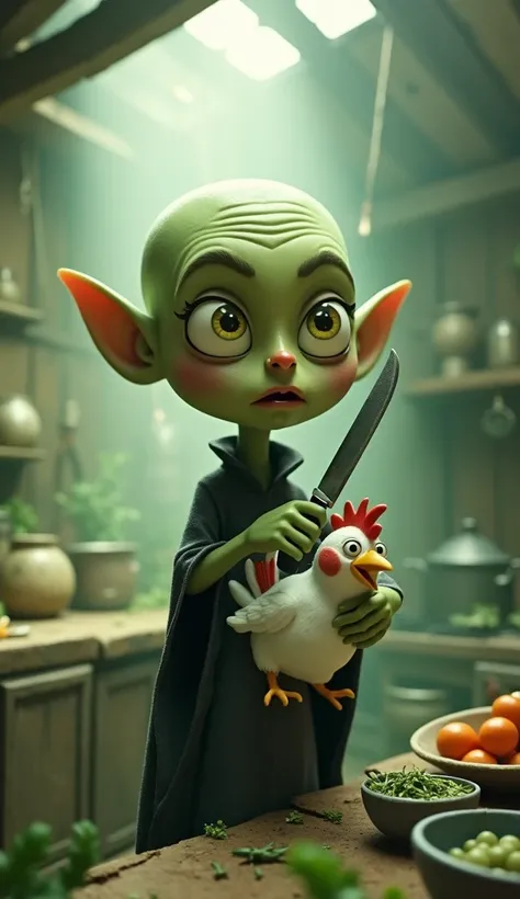 Bald green witch going to cut a white chicken with a knife (in dirty wood house kitchen) 3d animated