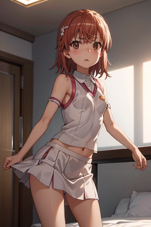 Mikoto misaka.、A Certain Scientific Railgun、girl、Small breasts、whole body,blush,best quality,slutty dress, underboob, thighs, midriff,skirt