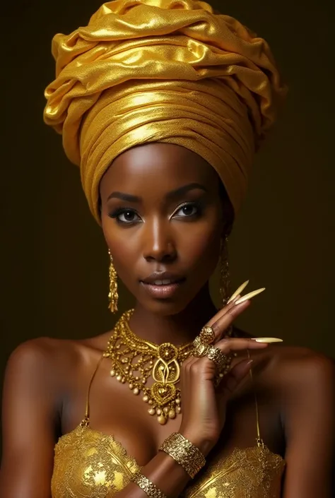 Black woman wearing gold clothing ,  gold turban and gold accessories