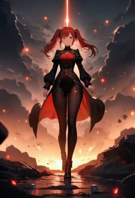 1 girl, 20 years old, beautiful, cinematic, epic, red and dark clothes, red hair in pigtails, walking towards camera, long black leggings, serious face, tight clothes, masterpiece, show full body, red glowing effect, masterpiece, 4k, throwing dice in the a...