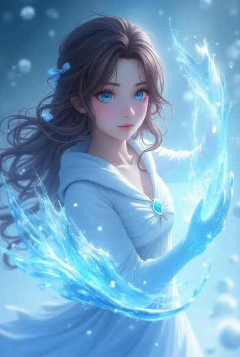 masterpiece,Melhor qualidade:1.2), extremely detailed, absurdres, highres, ANIME STYLE,  a girl with light blue eyes and brown hair, Shes using her ice power 