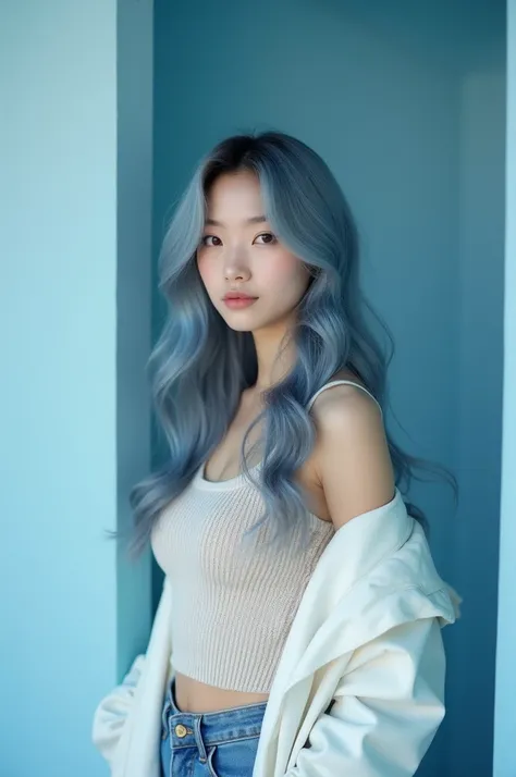 1 beautiful Korean girl, 20 years old, wearing a knitted tank top, wearing a white jacket, long blue hair mixed with gray, standing in a blue photo studio box