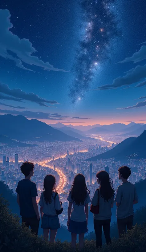 Night view of the city seen from the mountains、Beautiful starry sky、Young men and women、