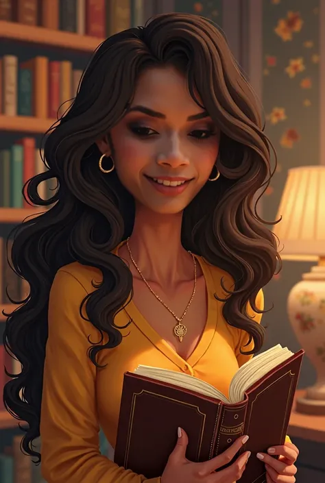 A Brazilian woman with long, straight, curly hair with brown highlights , pele morena,  holding a Ghibli-style book in a library wearing very comfortable clothes , with slanted eyes , Very smiling showing her teeth