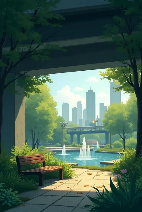 An illustration of a serene park located beneath a city overpass. The park features green foliage, a small bench with fallen leaves, and a gentle water fountain or pond. Sunlight filters through the leaves, creating dappled light and shadow patterns on the...