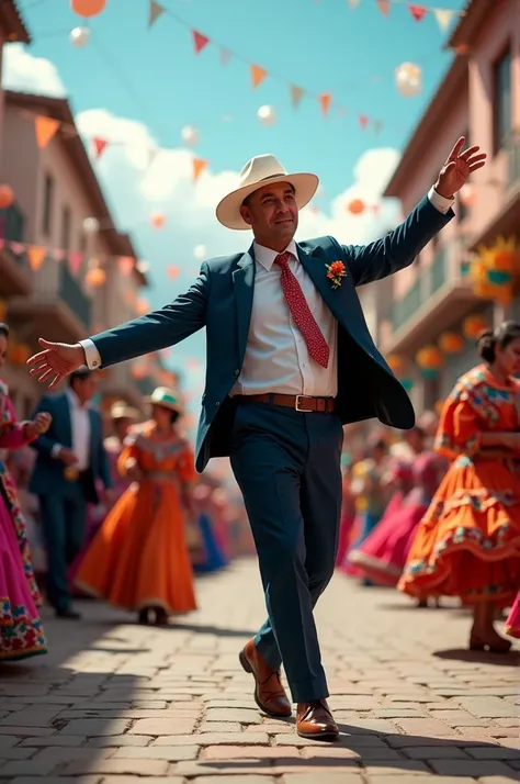 Man in a suit wearing a white hat dancing Morenada at the Oruro carnival