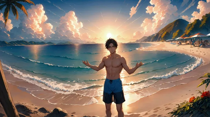 Japanese,23-26, Handsome man,  fair skin, black eyes（thin eyes 1：3), (Super detailed, best quality, 4K, 8k, High resolution, masterpiece:1.3) beach, water party, swimming trunks,  sunset