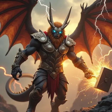 Create a striking, high-quality 3D image of a hybrid creature that embodies 70% Thor and 30% dragon. The creature should have a robust, humanoid build reminiscent of Thor, wearing intricate armor adorned with Norse motifs, and holding a powerful hammer, Mj...