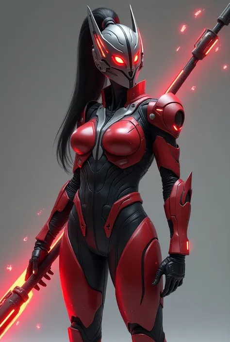 Photorealistic image of a slightly thicker yet athletic female warrior in full-body futuristic armor. Her helmet is a striking design with glowing accents, featuring a long black ponytail with red highlights flowing from the back and pointed ear-like exten...