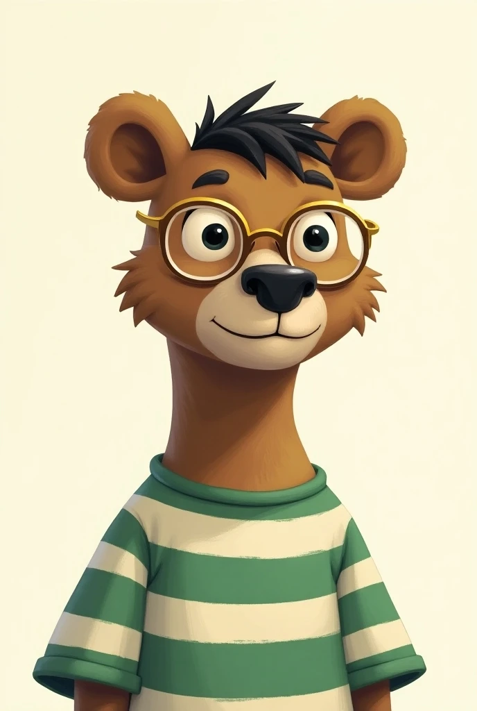 The skinny bear, wearing gold glasses, wears a green, white striped shirt with black front hair.