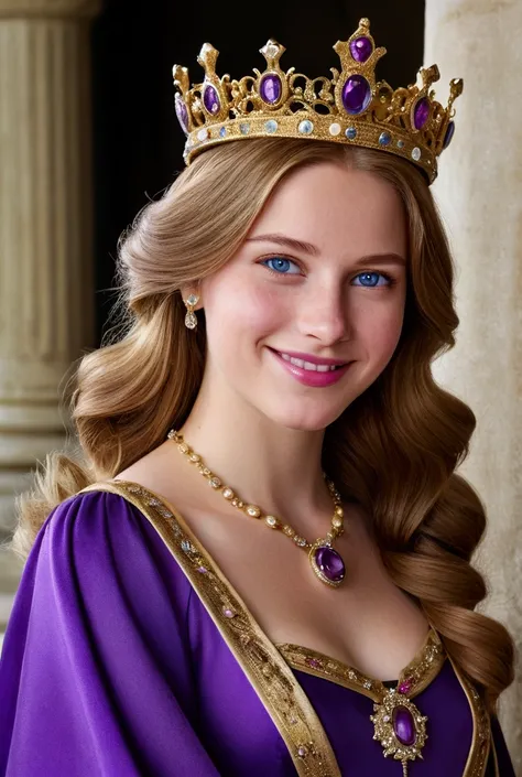   A queen in her early twenties with golden brown hair and blue eyes, splashed nose, Somewhat thick lips , oval face, thesis Clara,   dressed in a purple dress with a gold crown with amethysts  . She has a kind smile with a soft look ,  High resolution,   ...