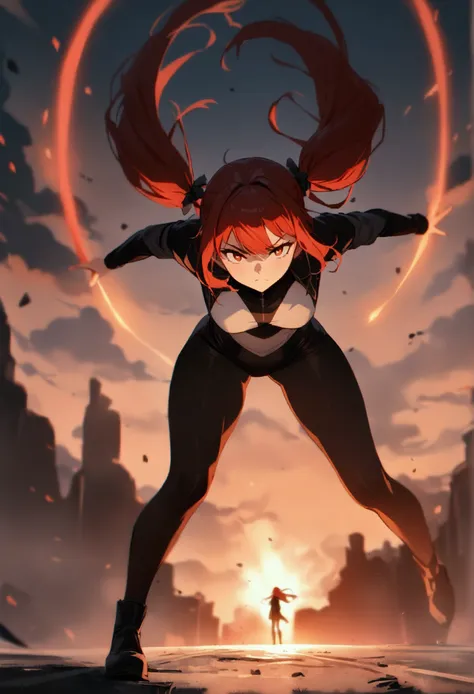 1 girl, 20 years old, beautiful, cinematic, epic, red and dark clothes, red hair in pigtails, epic landing on ground, long black leggings, serious face, tight clothes, masterpiece, show full body, red glowing effect, masterpiece, 4k, environment is sunny, ...