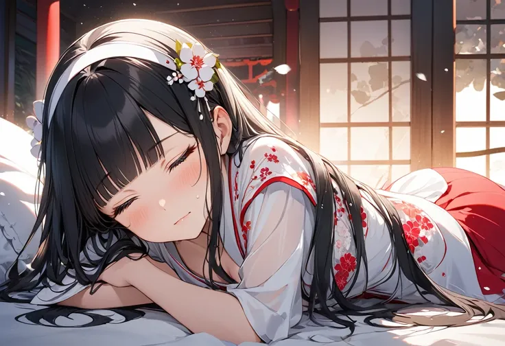 (immensely beautiful illustration)
(beautiful blunt bangs)
(beautiful black hair delicate long hair),
(immensely shrine cute girl) (age 15), (sexy closed eyes with tears), (sad face),
in a beautiful and delicate shrine maiden clothes with
((double exposure...