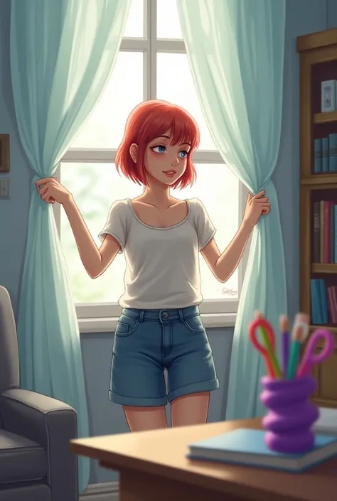  Real image: A room of a young woman with gray furniture, library and a window, light blue and white curtains on the edges, as if they were waves., And this real red-haired young Western girl grabs it with her hands 
A purple pencil holder in the shape of ...