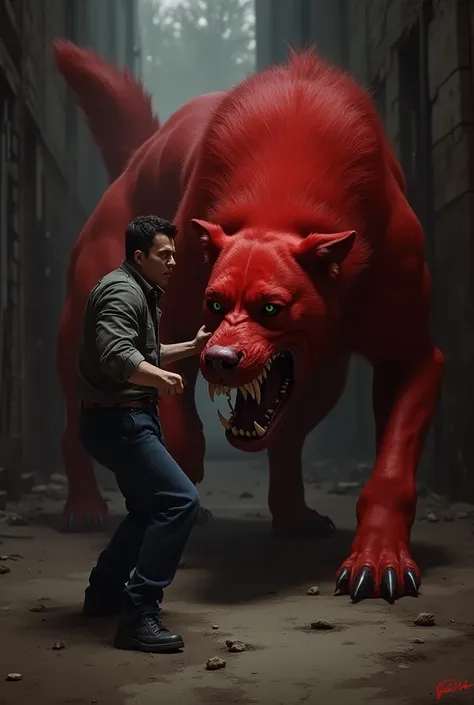 Very dangerous red dog with man
