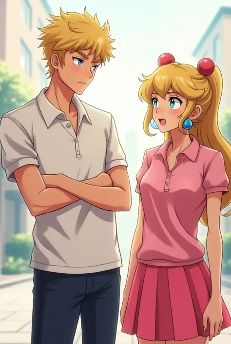 Anime Prince with short blonde hair wearing multiple popped collar polo shirts at once being a douchebag with his girlfriend Princess Peach who is wearing a bright Pink polo and a skirt