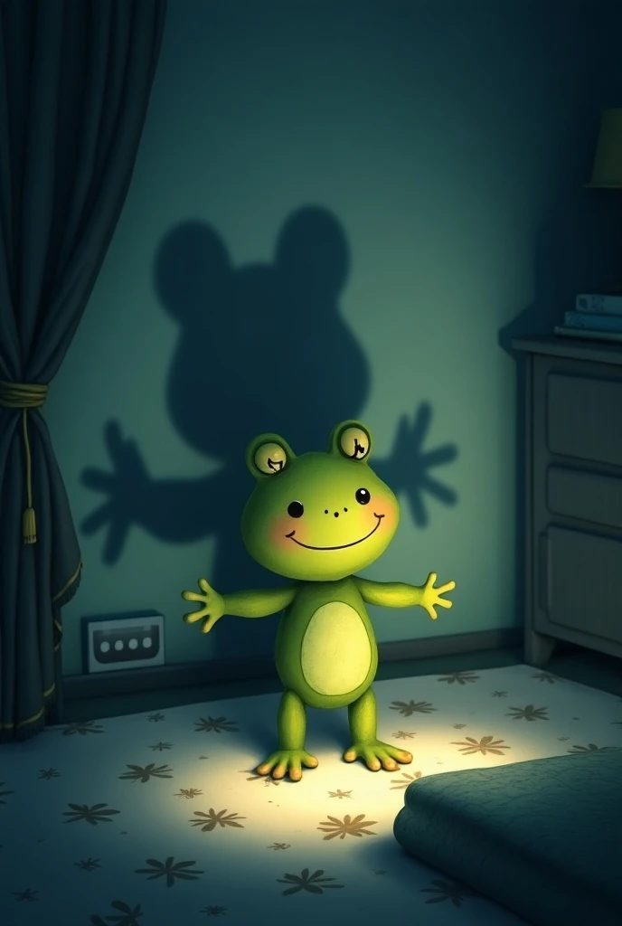 Drawing a frog-shaped teddy shadow in a s room. at night 