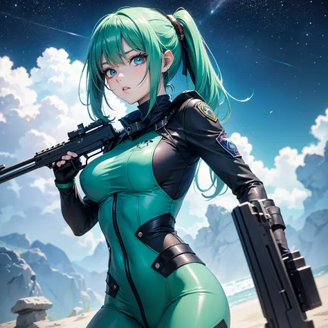 anime girl with a gun in a green uniform, Anime Style 4k,Space Police,Western shot