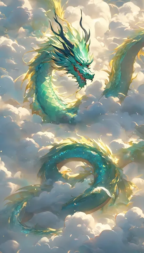  a dragon rises from a sea of clouds、 carries great happiness 、A giant body of gold 、high detail、High image quality、High chroma、 High Resolution 