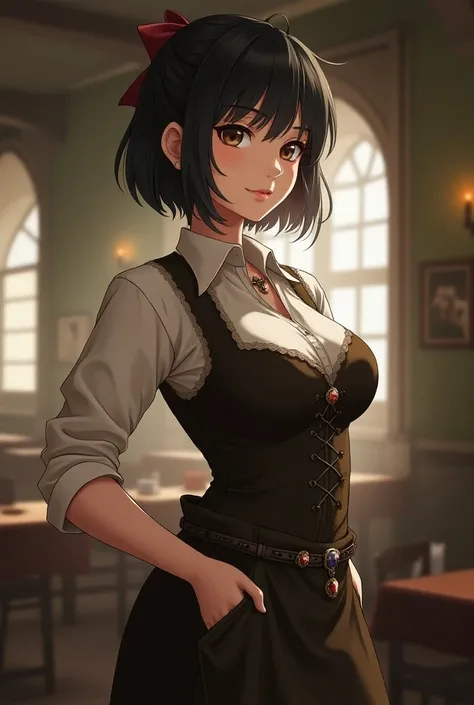 Japanese Anime girl Hair:  black Short, jaw-length hair, slightly messy and with a side fringe. The hair color can be something soft, like light brown or ash blonde, matching the medieval environment. Body: She has a curvaceous body and her breasts are not...