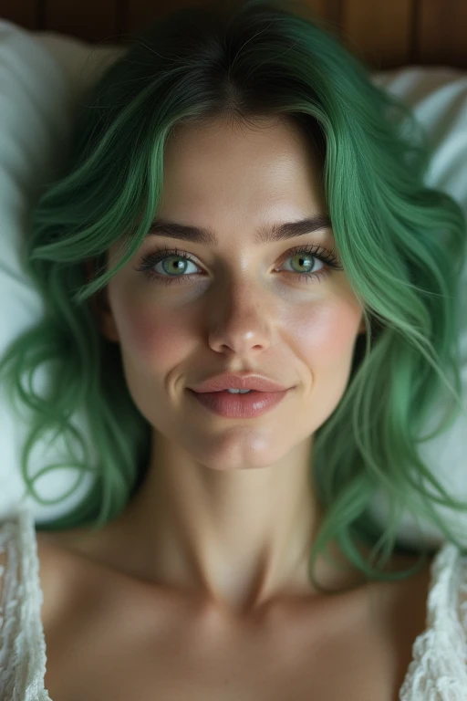 ABIGAIL BRAND, woman in bed, Realistic skin,full - body, Smooth soft skin, Symmetrical facial, soft-lighting,highly detail face, Concept art, Digital Painting, ethereal, Epic, 8K, intricate details, sharp-focus, Sexy Eyes, green hair, twitter #NFSW, Smile,...