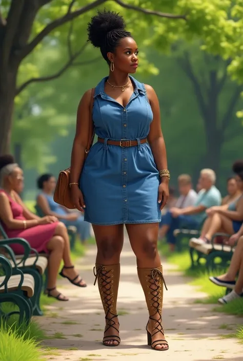 A curvaceous Black woman wearing a fitted, sleeveless shirt dress in soft chambray with a belted waist and knee-high lace-up sandals. She’s accessorized with a leather satchel bag and a gold anklet. Her hair is styled in cornrows pulled back into a low bun...