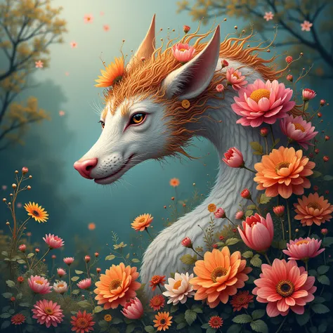 fais une œuvre masterpiece (wallpaper, digital art) complexe autour de la symbolique suivante :  Where flowers bloom meets legendary animals, so does beauty—soft petals, bold colors, and a quiet elegance