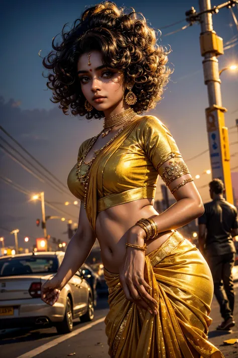 a beautiful tamilnadu indian woman with curly hair standing on marina beach in chennai, wearing a golden half saree, glamorous makeup, elegant pose,people and traffic in the background, high quality detailed portrait, realistic lighting, cinematic composit...