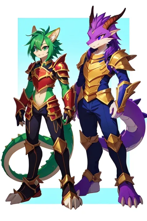 sonic and tails are standing next to each other, jazza and rossdraws, vyverns, some green and purple, they are siblings, medium shot of two characters, with scaly-looking armor, draconic looking armor, as an anthropomorphic dragon, but as an anthropomorphi...