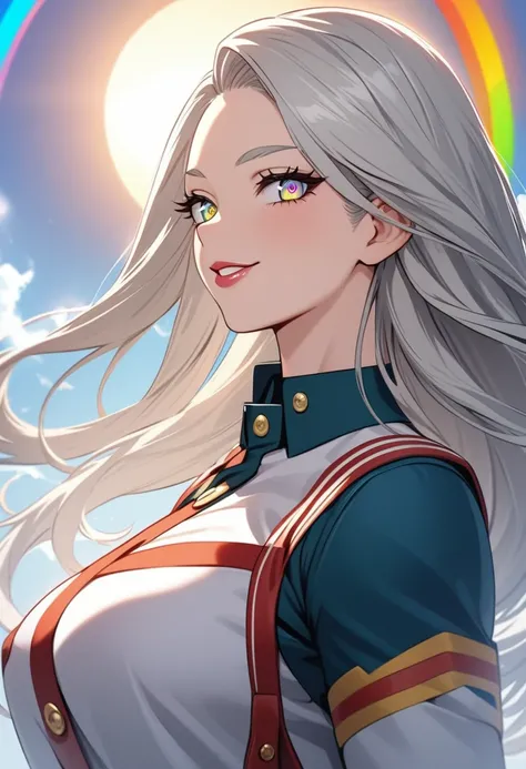  beautiful eyes with great attention to detail , Beautifully detailed lips,   extremely detailed eyes and  , Long eyelashes, 1 girl, cute teenager with straight gray hair , Rainbow Eyes, sun, Muscular,  Smile a little  ,goddess,  My Hero Academia , uniform...