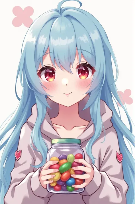 Female, anime, long haired, lolly, light blue hair color, red eyes, dressed in a rens jacket . 
 Carrying a jar of candy