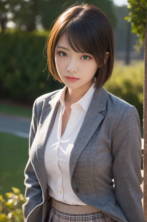 a cute japanese girl, 19 years old, big breasts, handsome short hair , school uniform, gray checked blazer, gray checked mini skirt, white shirt, posing for a photograph, (best quality,4k,8k,highres,masterpiece:1.2),ultra-detailed,(realistic,photorealistic...