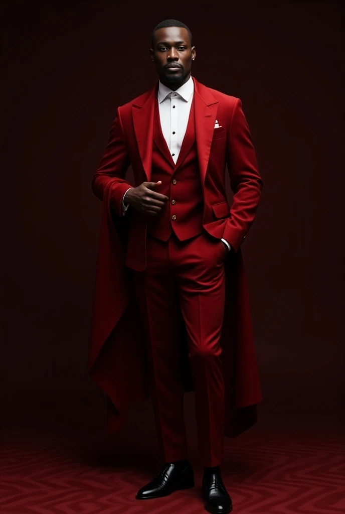 African man,  with red velvet clothing, Red velvet top hat  , white shirt, velvet overcoat , black shoe, velvet pants 