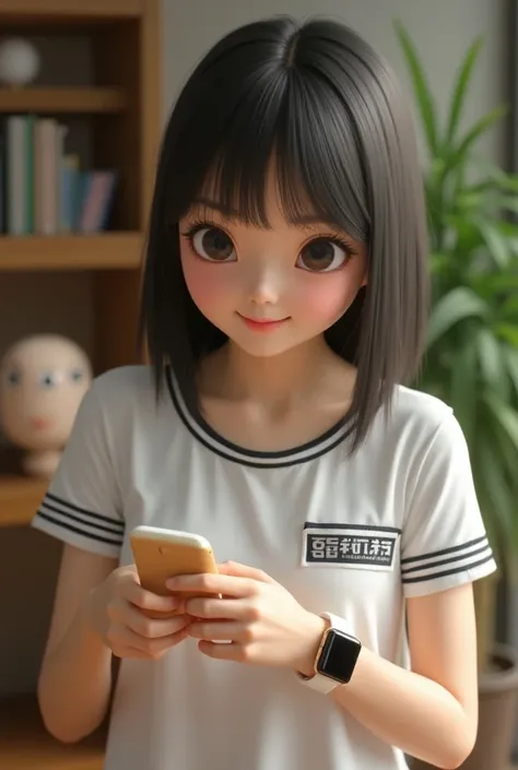 A Thai woman with a round face with big eyes wearing a cream Apple Watch wearing a white short-sleeved shirt, black stripes, playing cards with a centrifugal face