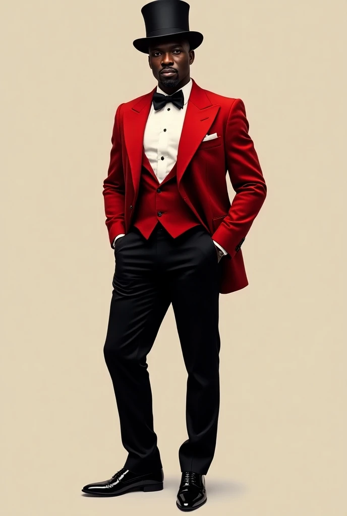 African man,  with red velvet clothing, top hat  , white shirt, above all , black shoe, pants 