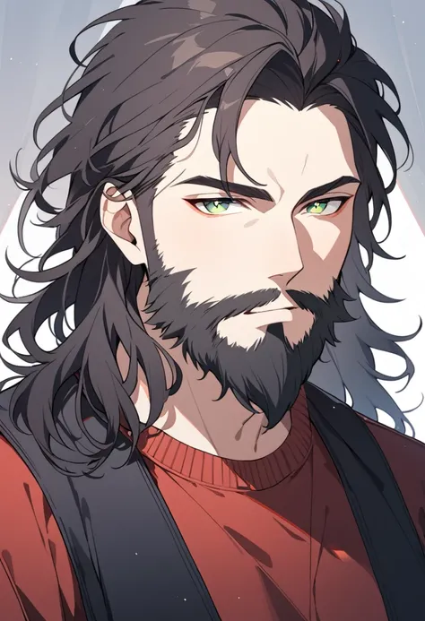 1male, Human  Male ,35 Years , Black long Messy hair ,Beard  , Green pupils, red Sweater  ,Black uniform 