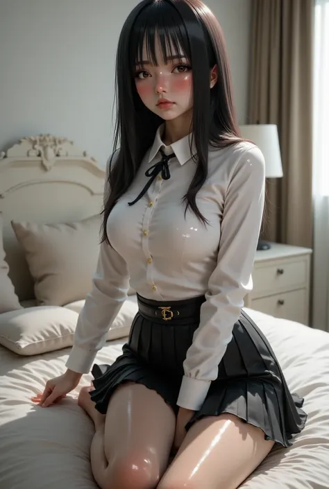 woman, big boobs, sitting in seza position on bed, white shirt, short black pleated skirt, tie, black leather belt,